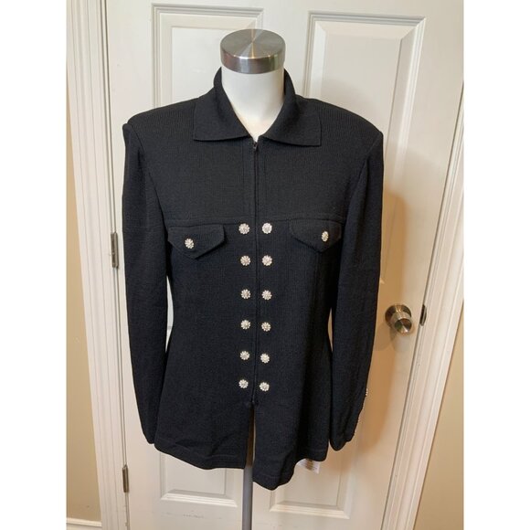 St. John Black Wool Tweed Jewel Accent Zip-Up Jacket, Size 6 - Picture 1 of 7